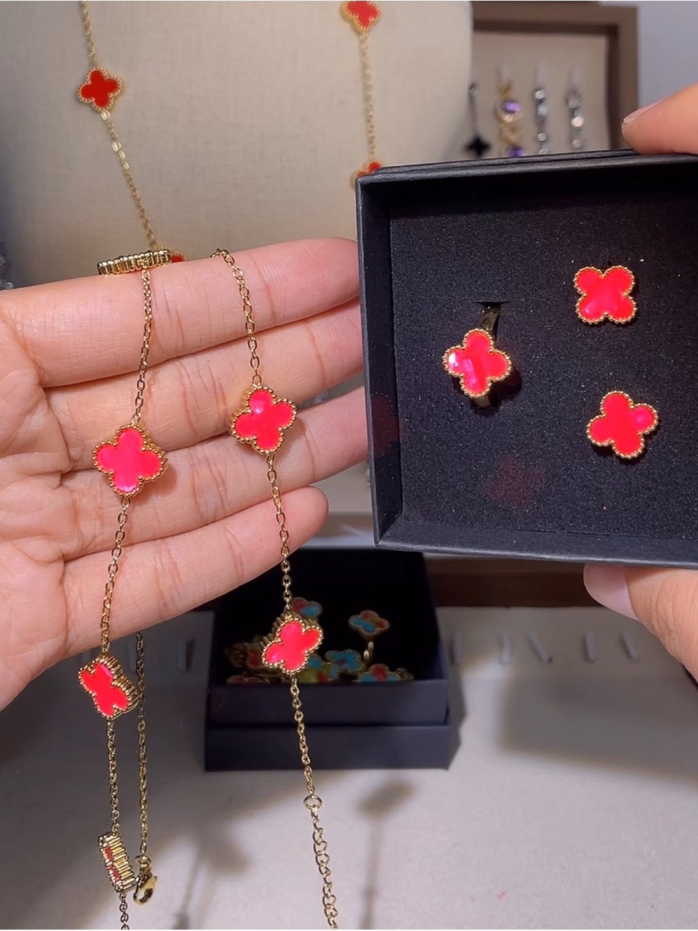 Gold Chain Necklace and Stud Earrings Set with Pink Clover Accents
